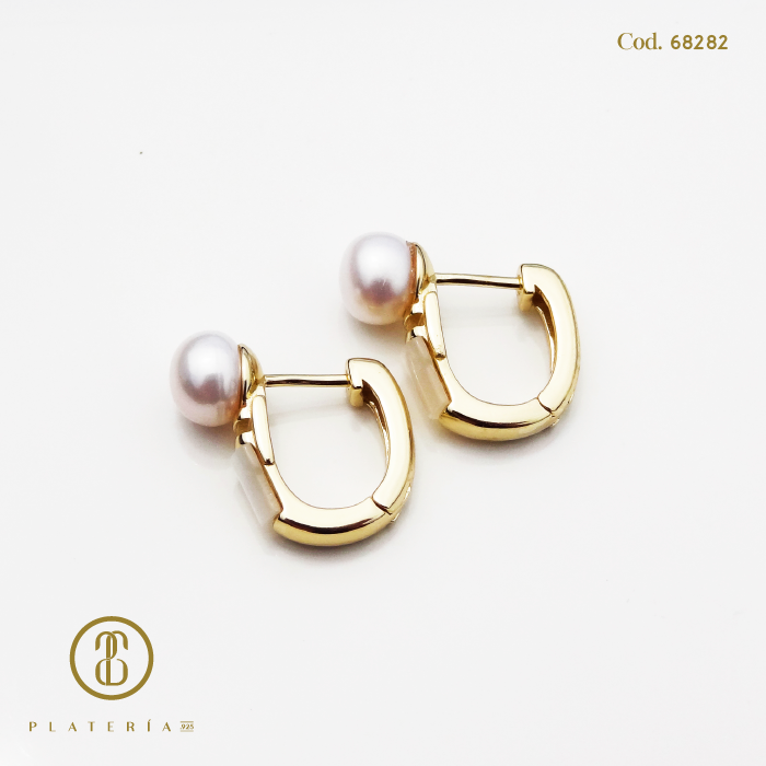 HUGGIE DORADO BAÑO 14K PERLA CULTIVADA PLATA.925