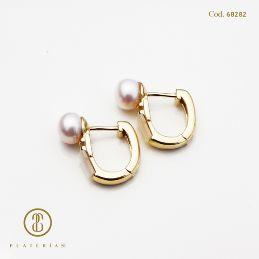 HUGGIE DORADO BAÑO 14K PERLA CULTIVADA PLATA.925