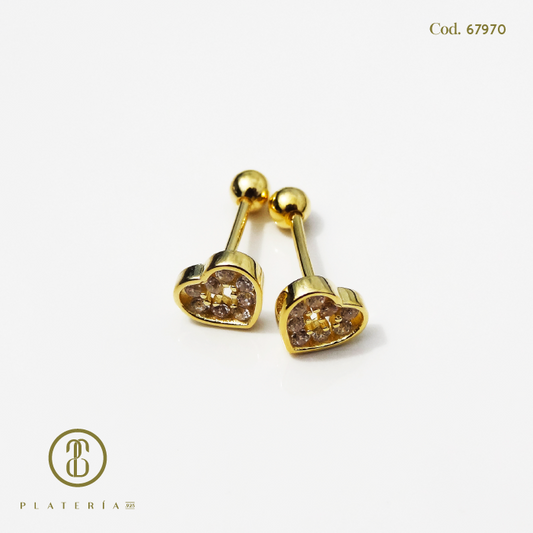 ARETE DORADO BAÑO 14K CORAZON CIERRE BOLITA ZIRCON PLATA.925