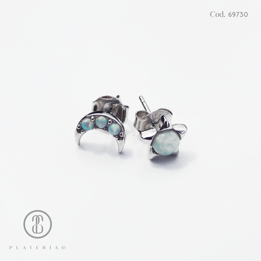 ARETE RODINADO MIS-MATCHED LUNA Y ESTRELLA OPALO PLATA.925