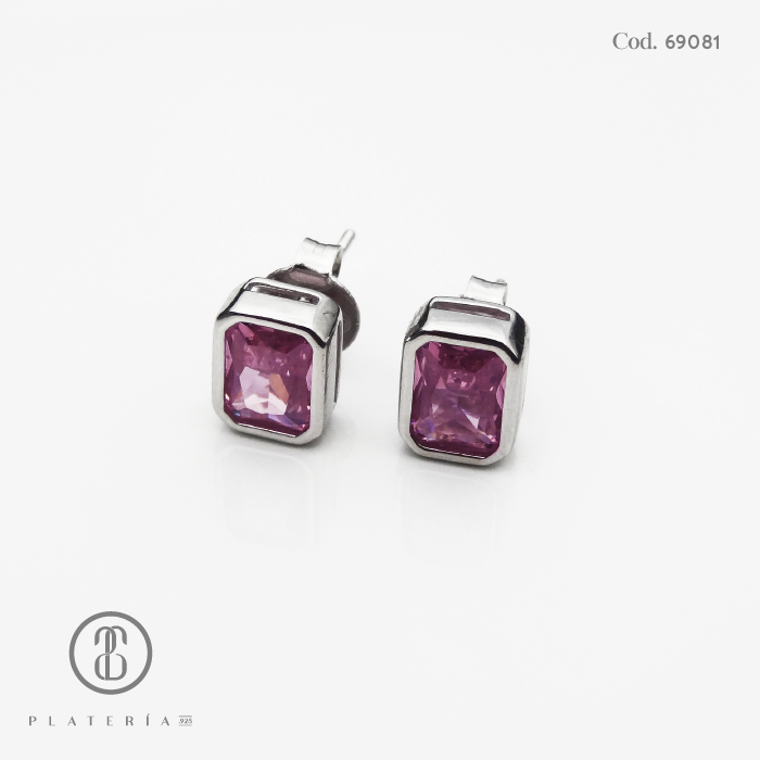 ARETE RODINADO CUADRITO ZIRCON ROSADO PLATA.925