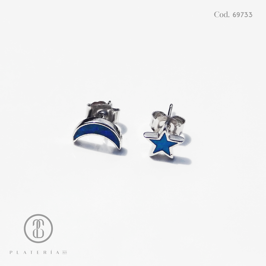 ARETE RODINADO MIS- MACHETED LUNA Y ESTRELLA OPALO PLATA.925
