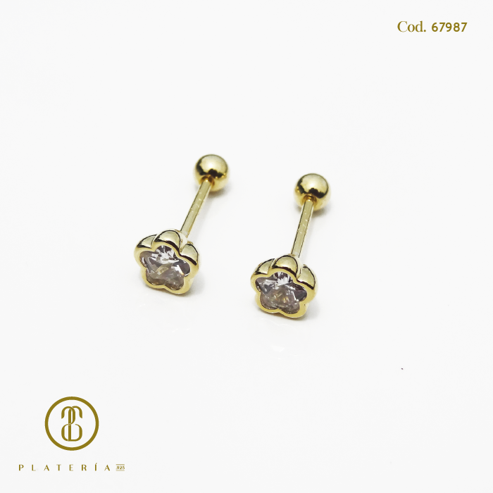 ARETE DORADO BAÑO 14K FLOR CIERRE BOLITA PLATA.925