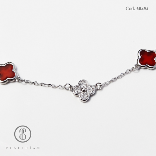 GARGANTILLA RODINADA TREBOL AGATA ROJA 45*5CM PLATA.925