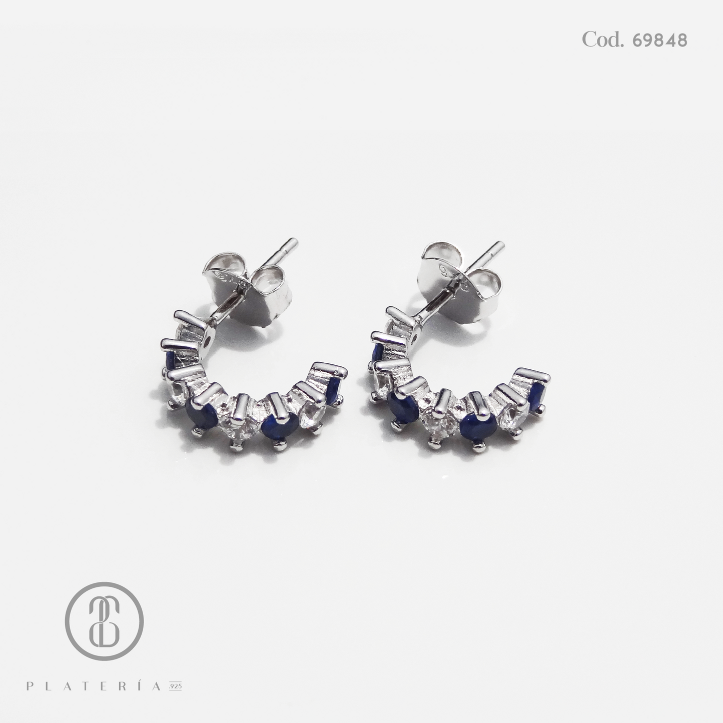 ARETE RODINADO MEDIA ARGOLLA ZIRCON AZUL PLATA.925