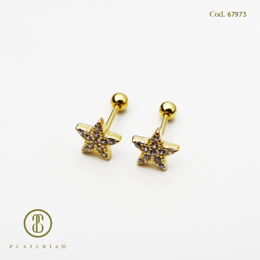 ARETE DORADO BAÑO 14K ESTRELLA CIERRE BOLITA PLATA.925