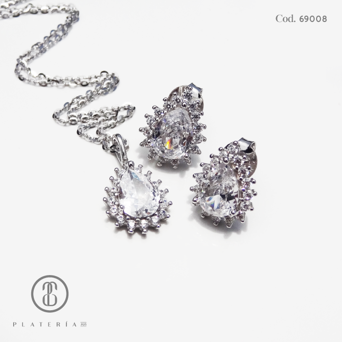 JUEGO RODINADO GOTA ZIRCON PLATA.925