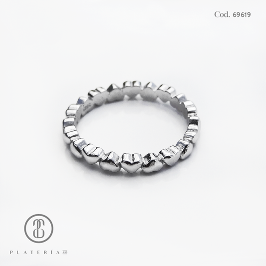 ANILLO RODINADO CINTILLO CORAZONES LISOS PLATA.925