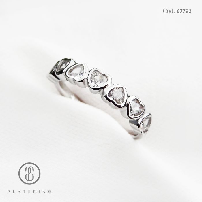 ANILLO RODINADO CORAZONES ZIRCON PLATA.925