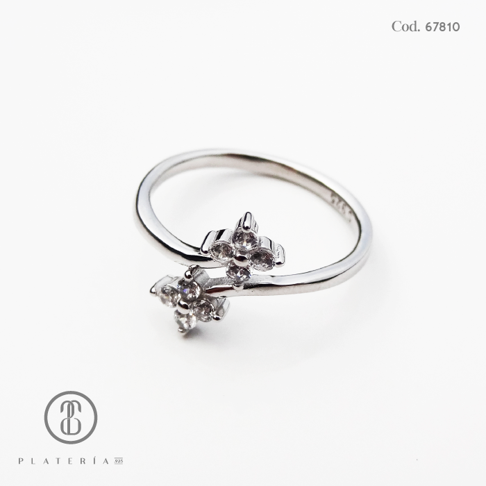 ANILLO RODINADO DOBLE FLOR ZIRCON PLATA.925