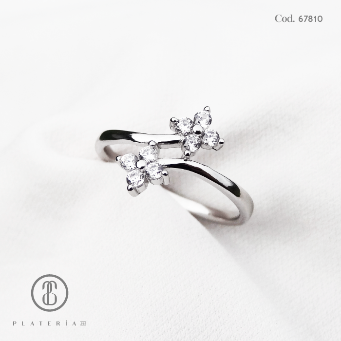 ANILLO RODINADO DOBLE FLOR ZIRCON PLATA.925