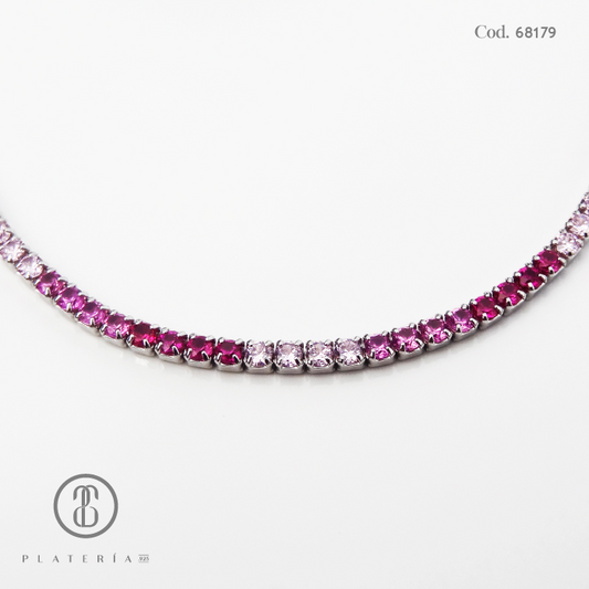 GARGANTILLA RODINADA 45CM ZIRCON FUCSIA Y ROSA PLATA.925