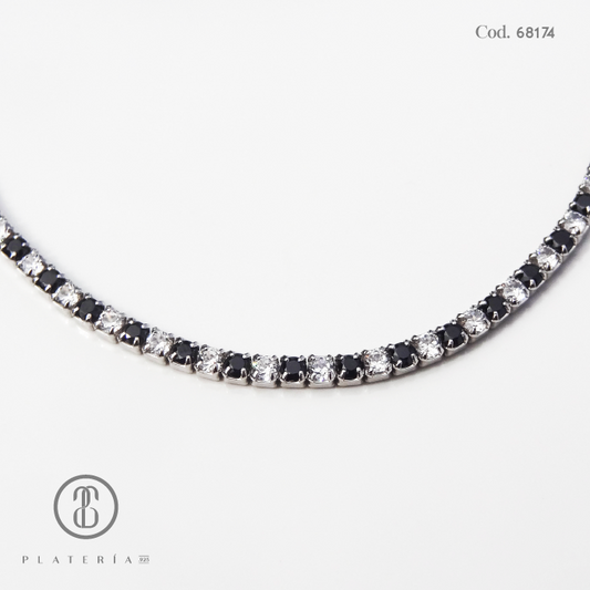 GARGANTILLA RODINADA ZIRCON BLANCA Y NEGRA PLATA.925