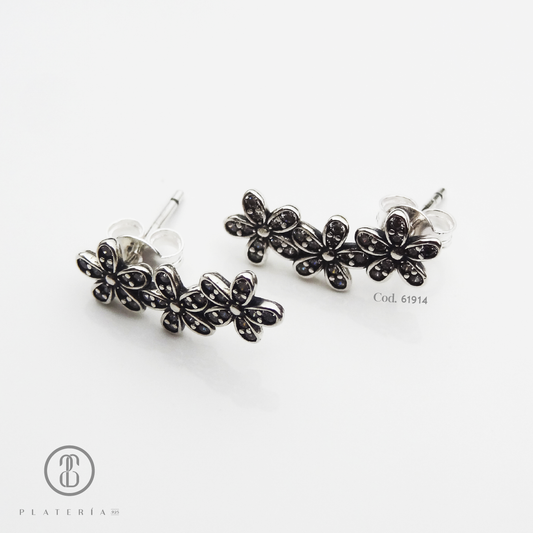 ARETE RODINADO 3 FLORES PLATA.925