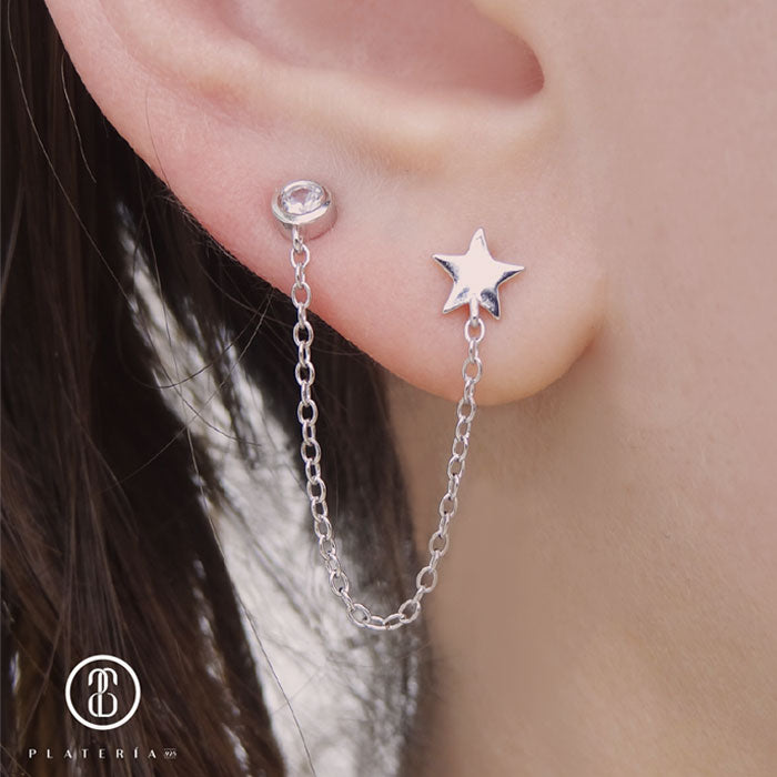 CHAIN EARRING RODINADO ESTRELLA PLATA.925