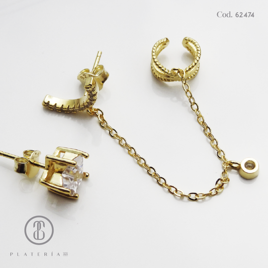 SET CHAIN EARRING DORADO ESTRELLA PLATA.925