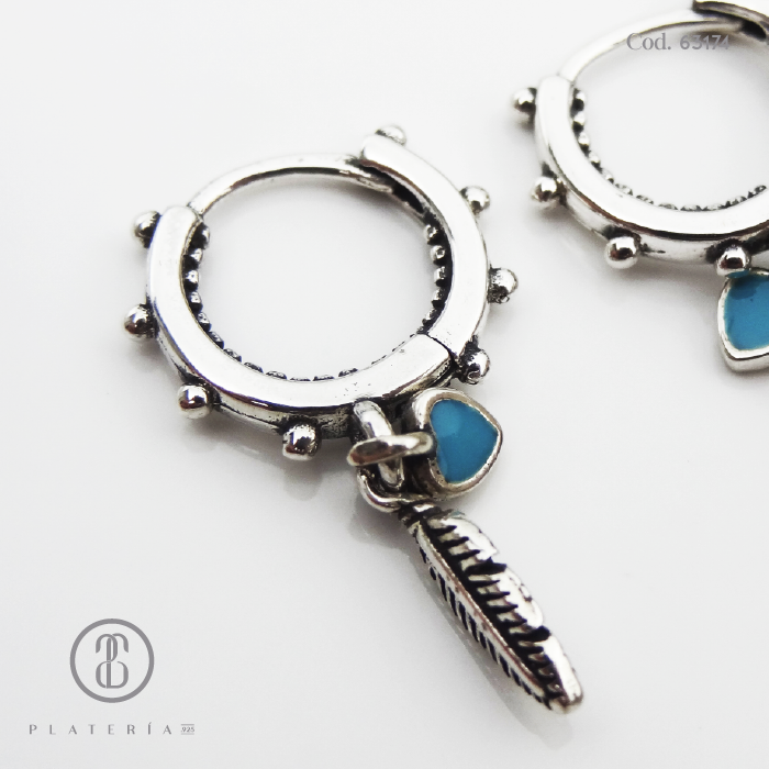 HUGGIE RODINADO PLUMA CORAZON AZUL PLATA.925
