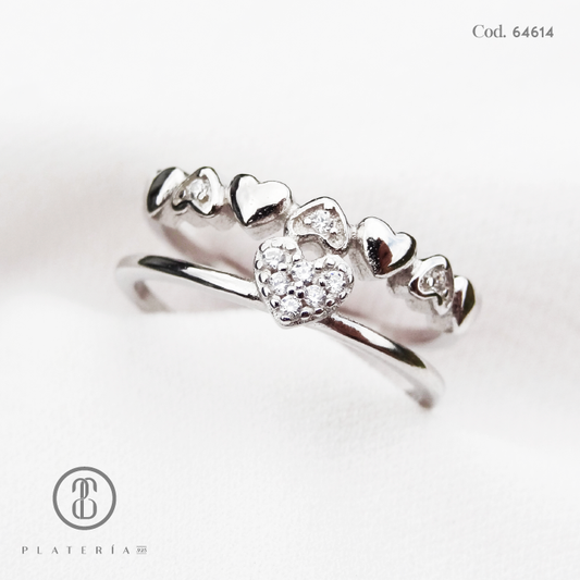 ANILLO RODINADO DOBLE CORAZONES PLATA.925