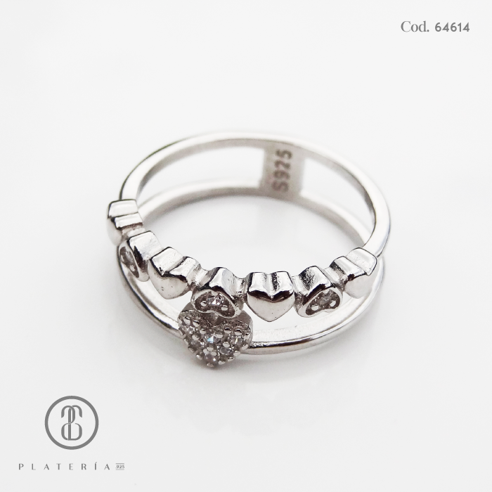 ANILLO RODINADO DOBLE CORAZONES PLATA.925