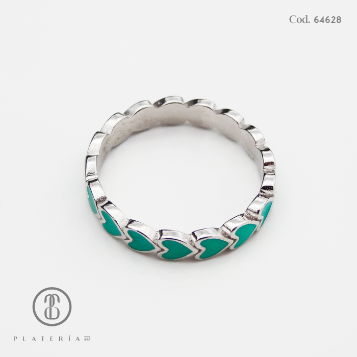 ANILLO RODIANDO CORAZONES VERDE PLATA.925