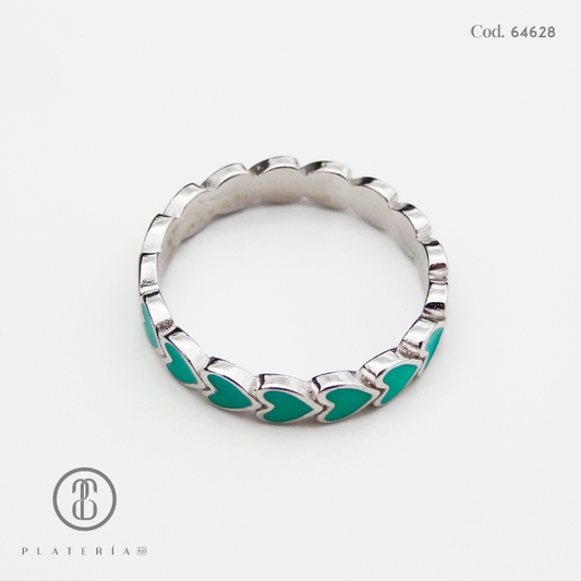 ANILLO RODIANDO CORAZONES VERDE PLATA.925