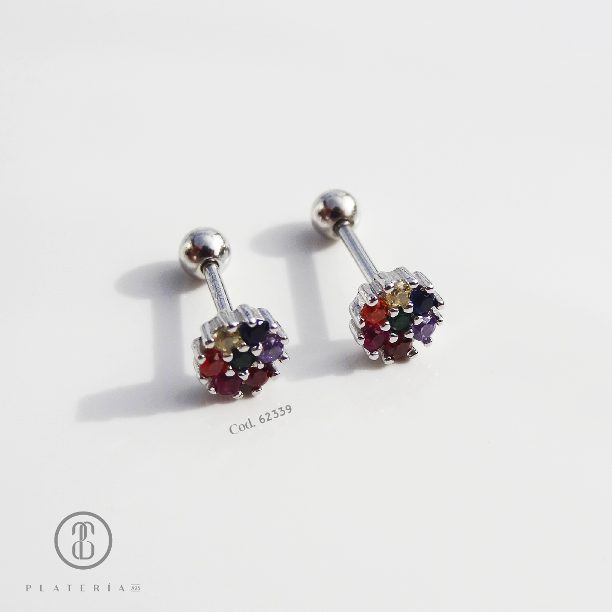 ARETE RODINADO CIERRE BOLITA COLORES PLATA.925