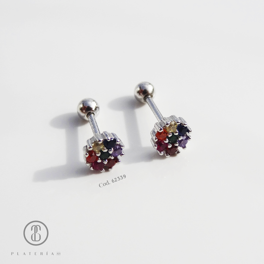 ARETE RODINADO CIERRE BOLITA COLORES PLATA.925