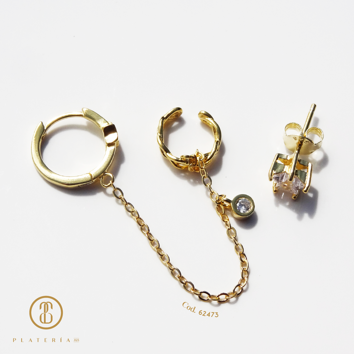 SET CHAIN EARRING DORADO ESTRELLA PLATA.925
