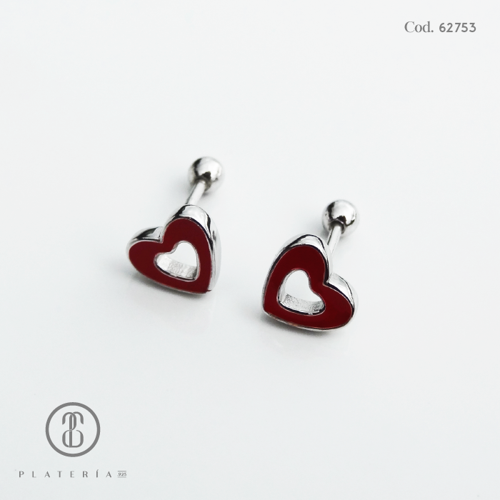 ARETE RODINADO CIERRE BOLITA CORAZON ROJO PLATA.925