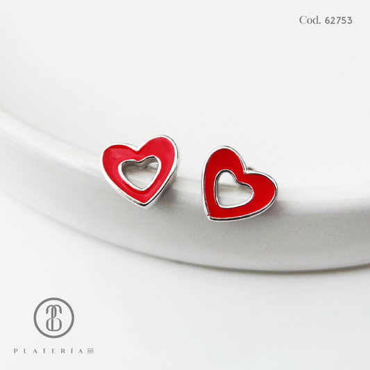 ARETE RODINADO CIERRE BOLITA CORAZON ROJO PLATA.925
