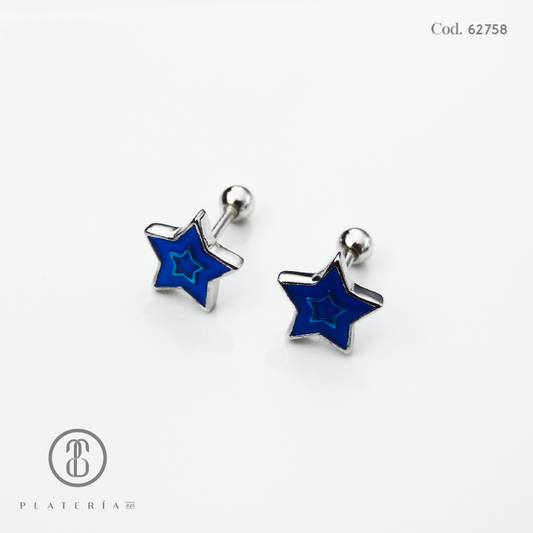 ARETE RODINADO CIERRE BOLITA ESTRELLA AZUL PLATA.925