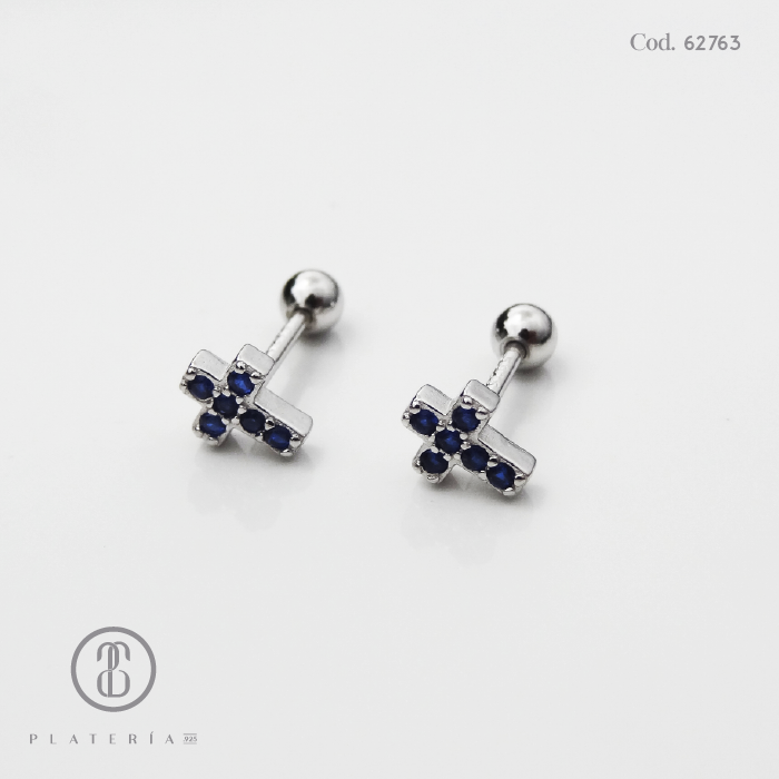 ARETE RODINADO CIERRE BOLITA CRUZ AZUL PLATA.925