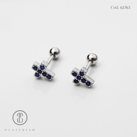 ARETE RODINADO CIERRE BOLITA CRUZ AZUL PLATA.925