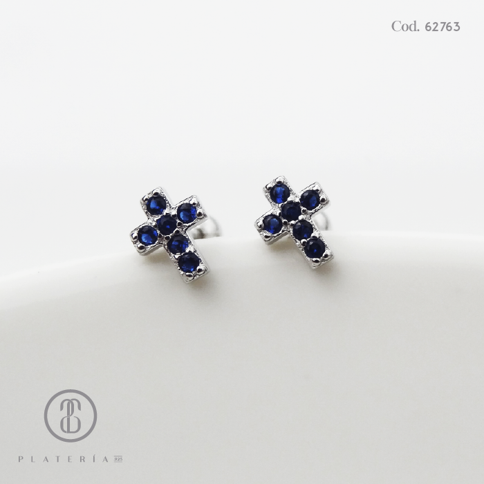 ARETE RODINADO CIERRE BOLITA CRUZ AZUL PLATA.925