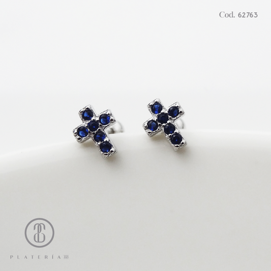ARETE RODINADO CIERRE BOLITA CRUZ AZUL PLATA.925