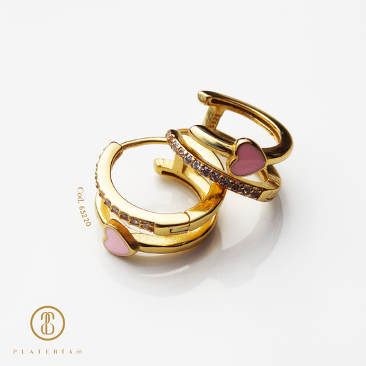 HUGGIE DORADO CORAZON ROSADO PLATA.925