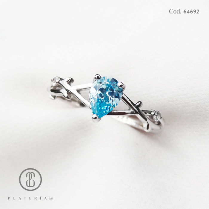 ANILLO RODINADO GOTA AGUAMARINA PLATA.925