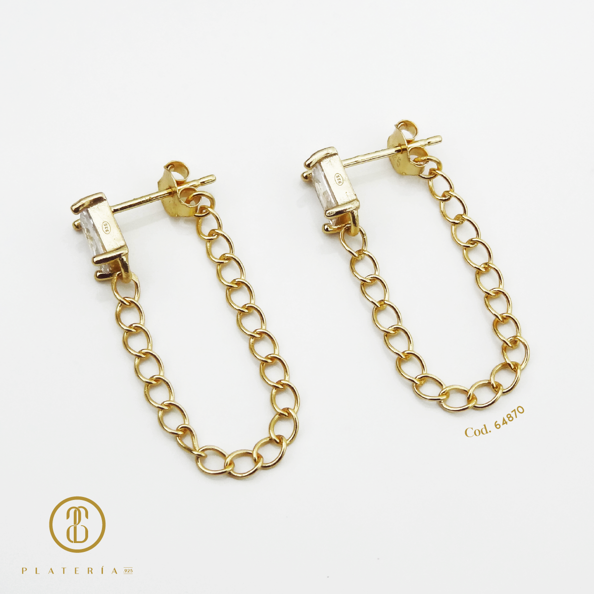 ARETES DORADO ZIRCON CON CADENA PLATA.925