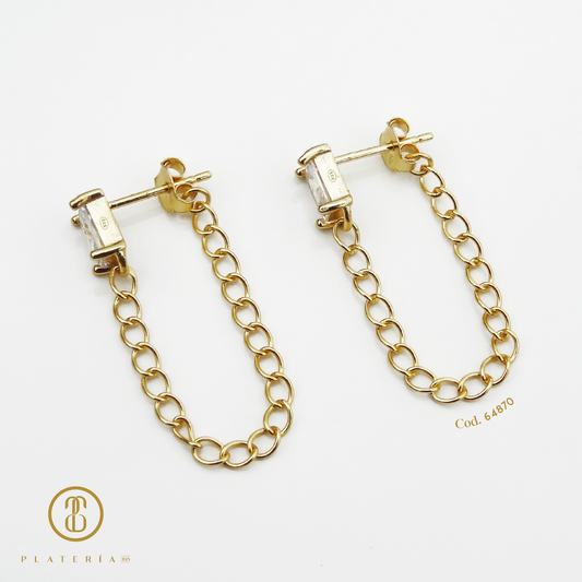ARETES DORADO ZIRCON CON CADENA PLATA.925