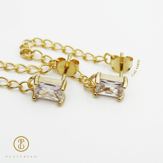 ARETES DORADO ZIRCON CON CADENA PLATA.925