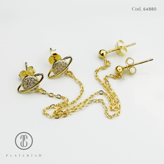 CHAIN EARRING DORADO PLANETA PLATA.925