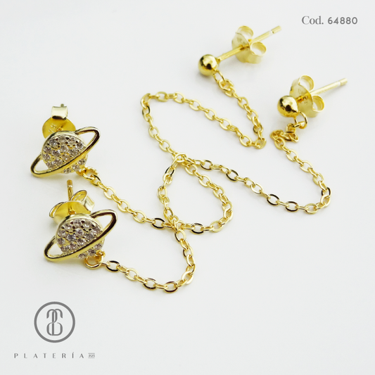 CHAIN EARRING DORADO PLANETA PLATA.925