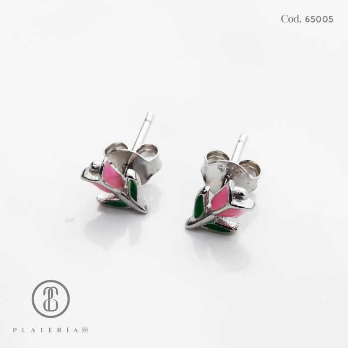 ARETE RODINADO TULIPAN ROSADO PLATA.925