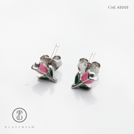 ARETE RODINADO TULIPAN ROSADO PLATA.925