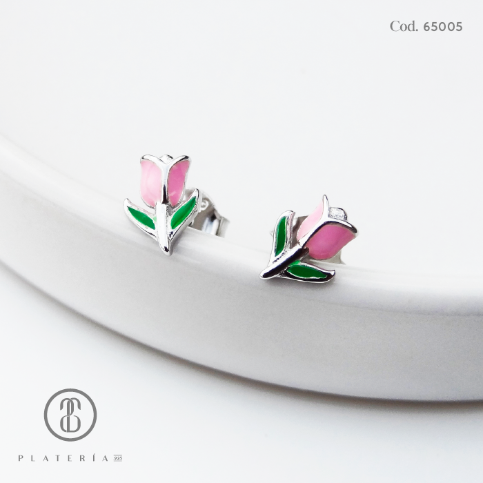 ARETE RODINADO TULIPAN ROSADO PLATA.925