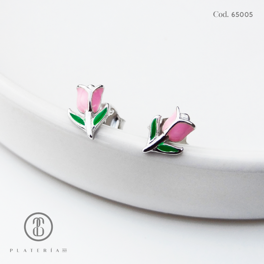 ARETE RODINADO TULIPAN ROSADO PLATA.925
