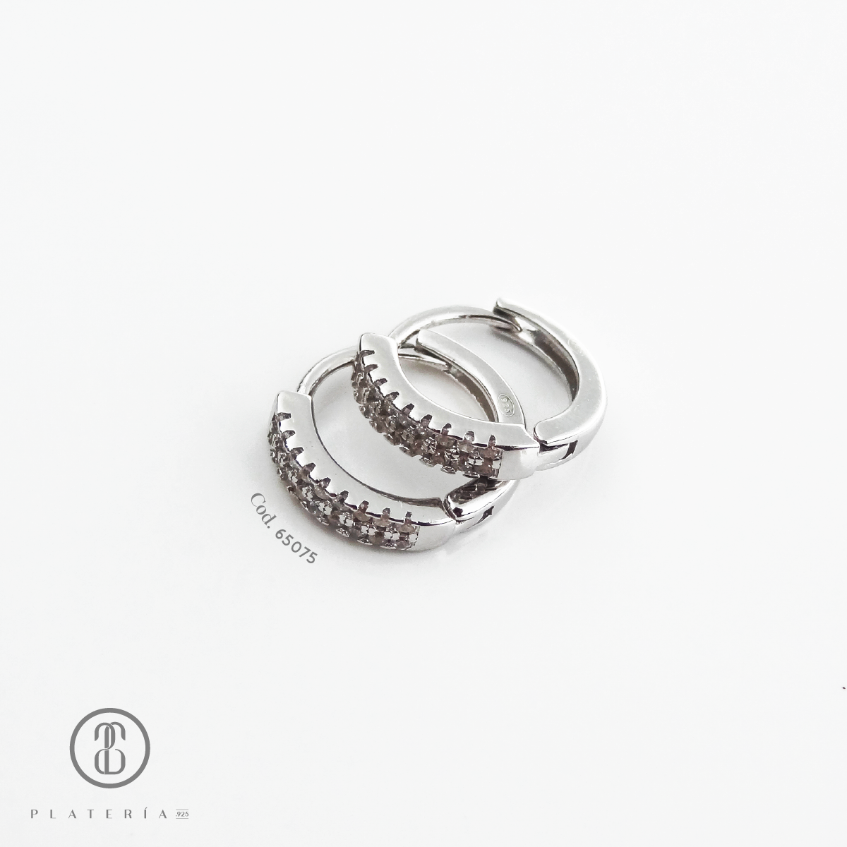 HUGGIE RODINADO PAVE 12MM PLATA.925