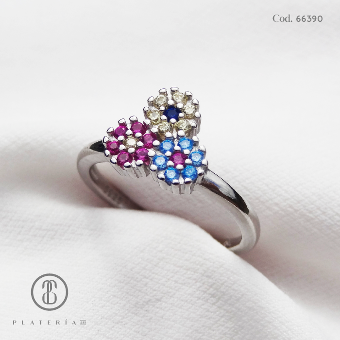 ANILLO RODINADO FLORES DE COLORES PLATA.925