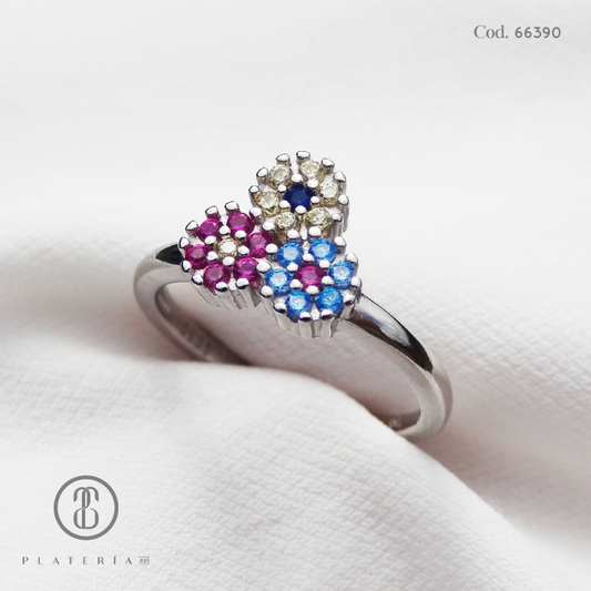 ANILLO RODINADO FLORES DE COLORES PLATA.925