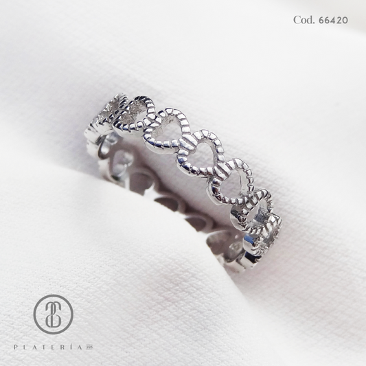 ANILLO RODINADO CINTILLO CORAZONES PLATA.925